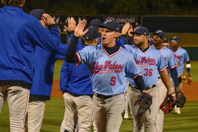 Pensacola Blue Wahoos' Griffin Conine celebrates win