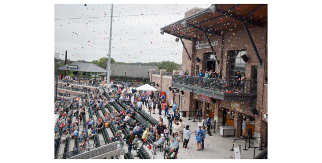 Confetti flies at ABC Supply Stadium, home of the Beloit Sky Carp