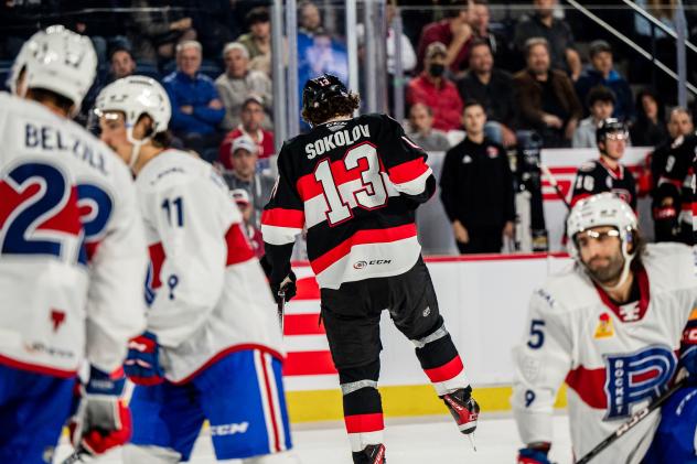 Belleville Senators right wing Egor Sokolov reacts after a goal against the Laval Rocket