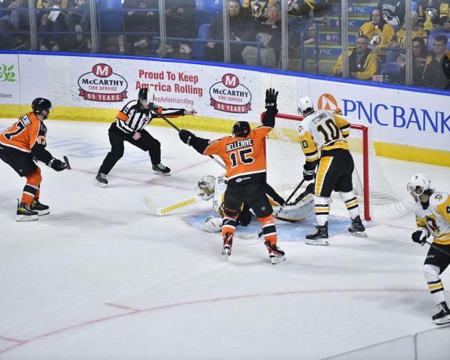 Louie Belpedio of the Lehigh Valley Phantoms scores game-winner