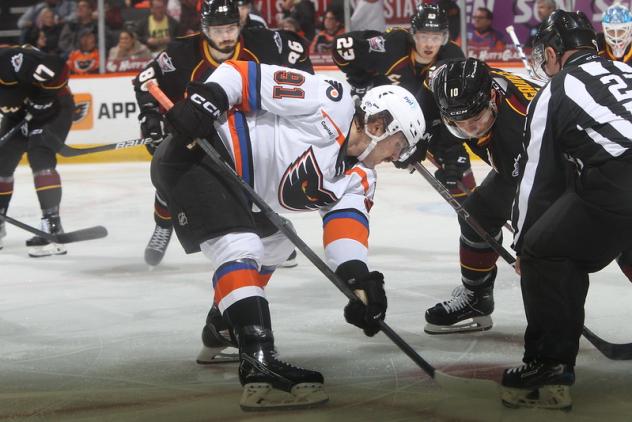 Lehigh Valley Phantoms left wing Elliot Desnoyers faces off with the Cleveland Monsters