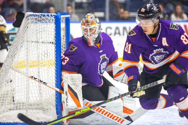 Reading Royals goaltender Nolan Maier and defenseman Mike Chen