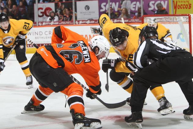 Lehigh Valley Phantoms' Zack MacEwen versus Wilkes-Barre/Scranton Penguins' Tyler Sikura