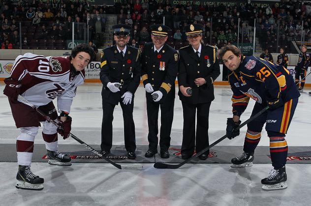 Peterborough Petes' J.R. Avon and Barrie Colts' Declan McDonnell on game day